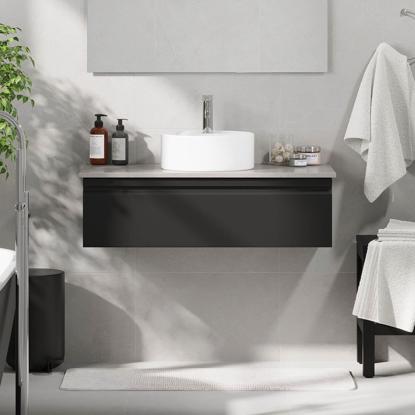 Badrumsmöbel med modern integrerad front - 120x46x29 cm - mattsvart - grå bänkskiva med porslinstvättställ - Mirage