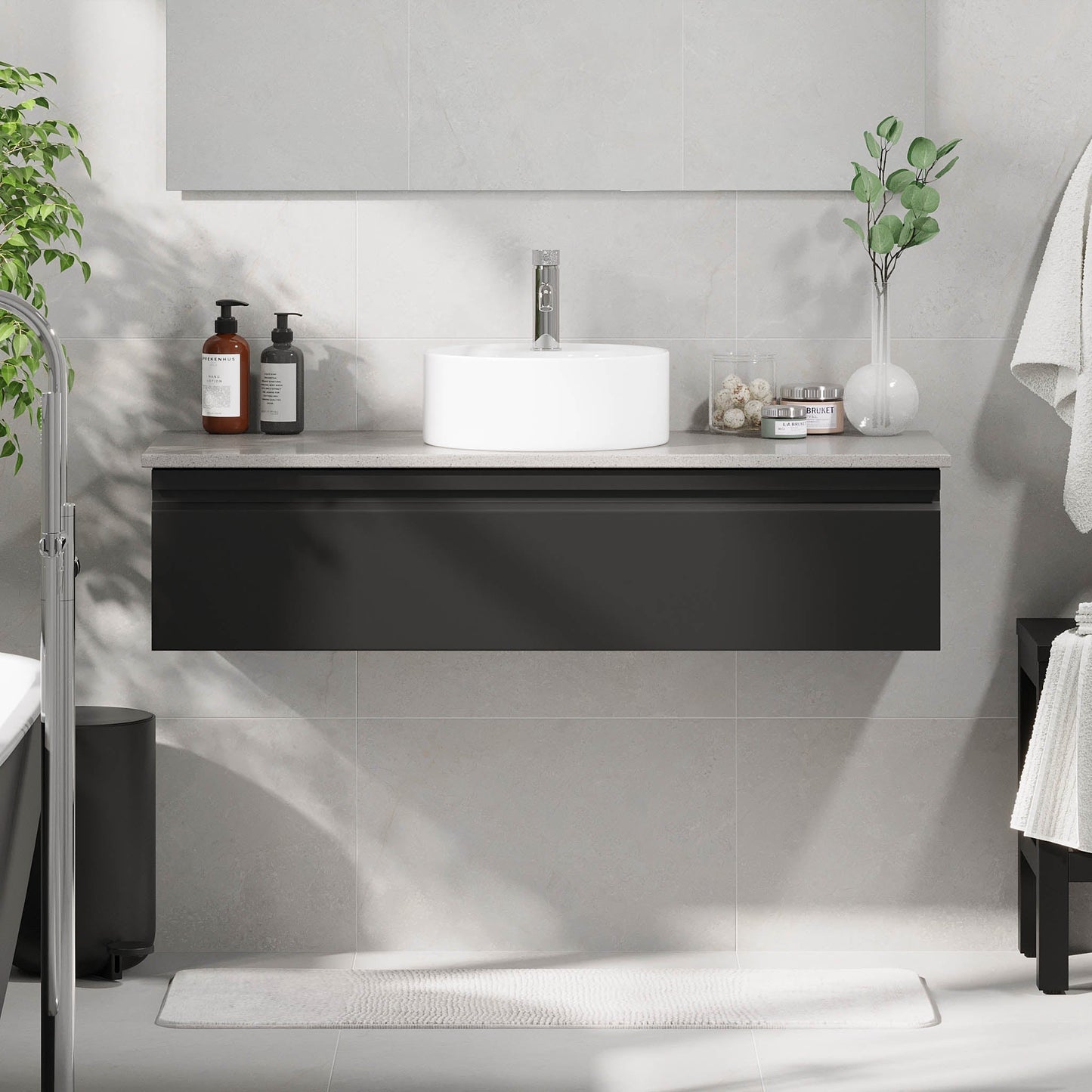Badrumsmöbel med modern integrerad front - 120x46x29 cm - mattsvart - grå bänkskiva med porslinstvättställ - Mirage