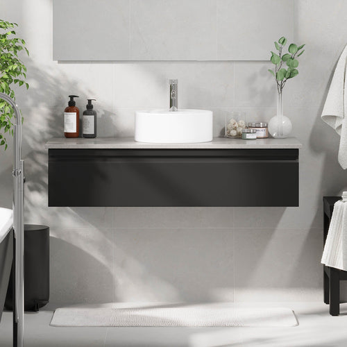 Badrumsmöbel med modern integrerad front - 120x46x29 cm - mattsvart - grå bänkskiva med porslinstvättställ - Mirage