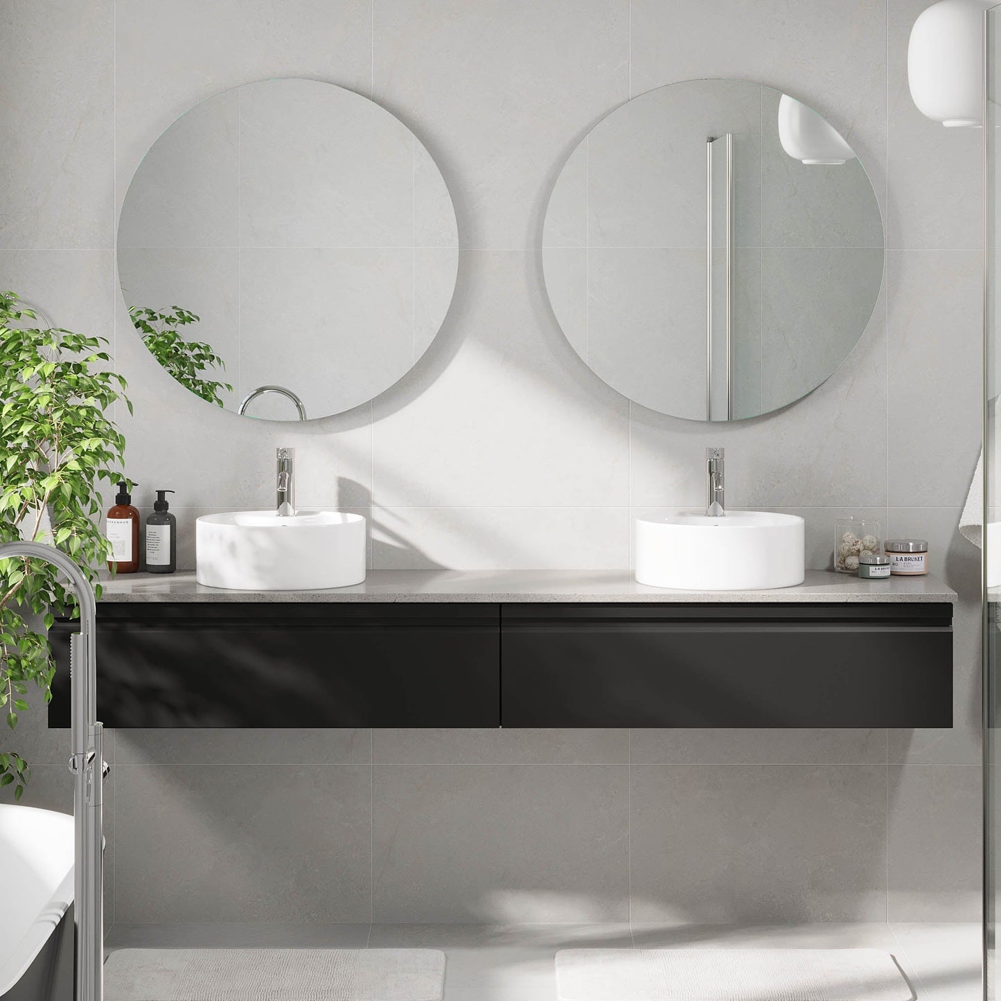 Badrumsmöbel med modern integrerad front - 120x46x29 cm - mattsvart - grå bänkskiva med porslinstvättställ - Mirage