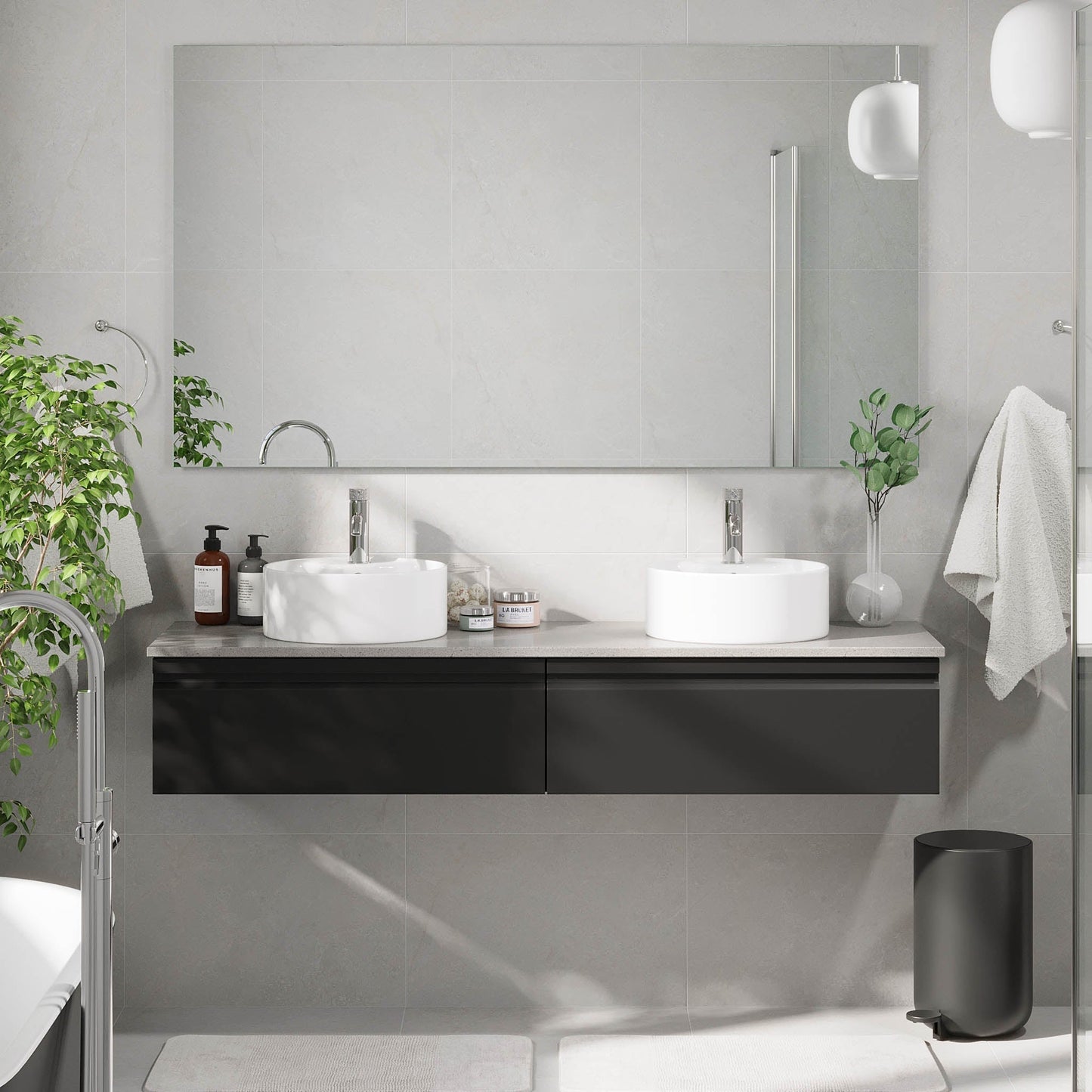 Badrumsmöbel med modern integrerad front - 120x46x29 cm - mattsvart - grå bänkskiva med porslinstvättställ - Mirage