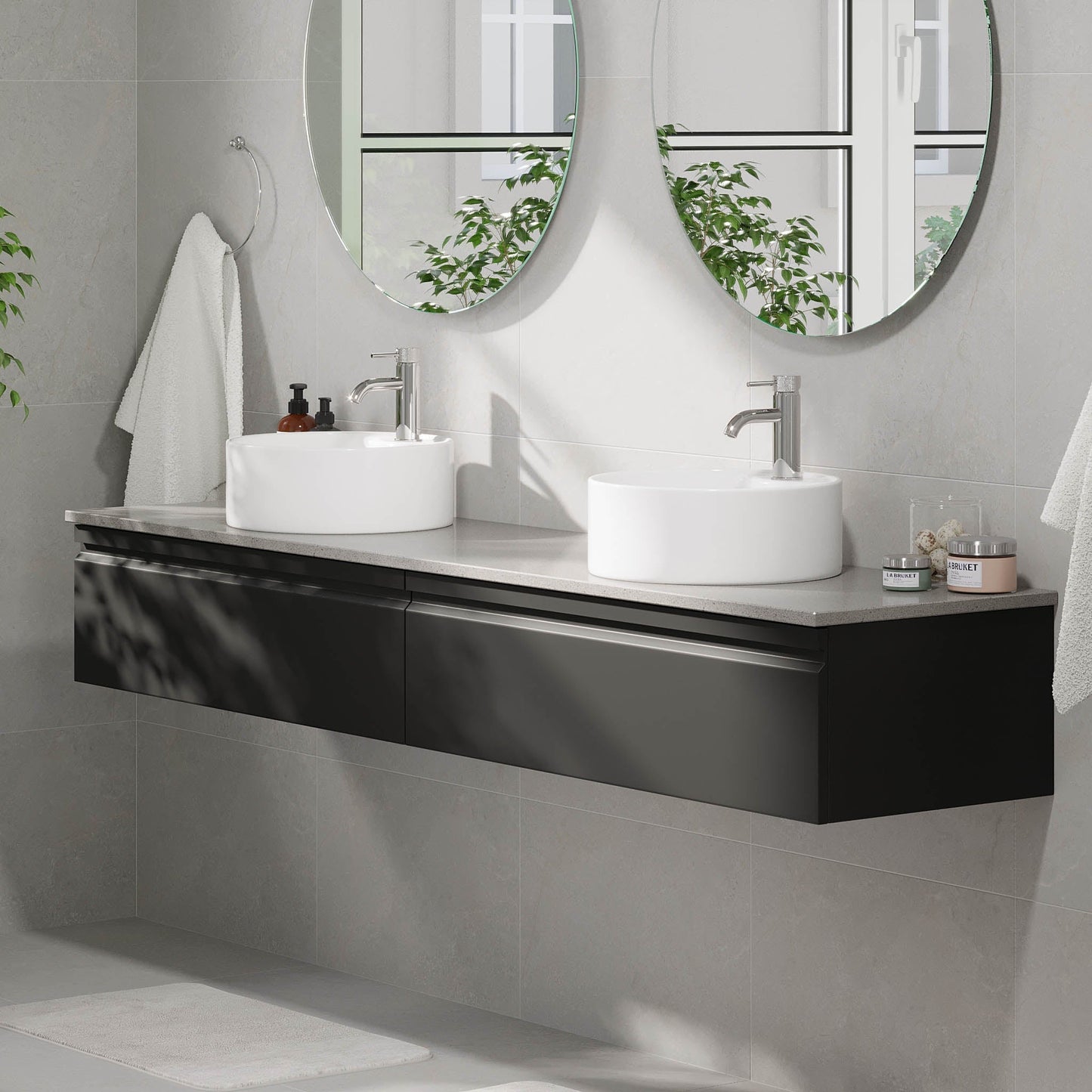 Badrumsmöbel med modern integrerad front - 120x46x29 cm - mattsvart - grå bänkskiva med porslinstvättställ - Mirage