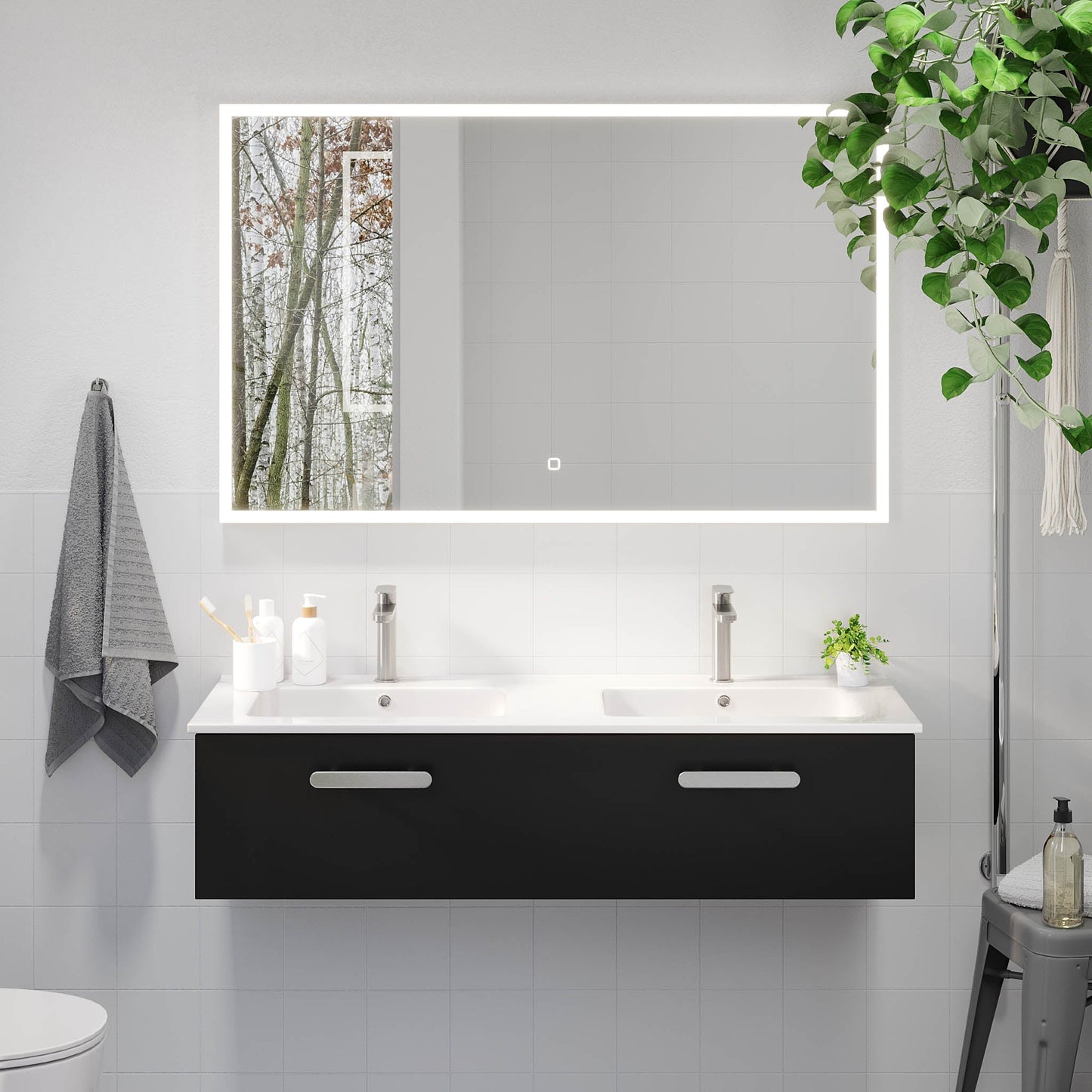 Badrumsmöbel med klassisk front - 100x46x29 cm - mattsvart - porslinstvättställ - satinhandtag - Colina