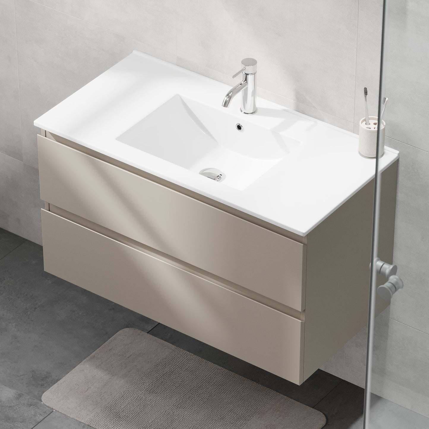 Badrumsmöbel med klassiska integrerade fronter - 90x46x50 cm - Marakesh - porslinstvättställ - Kenwood