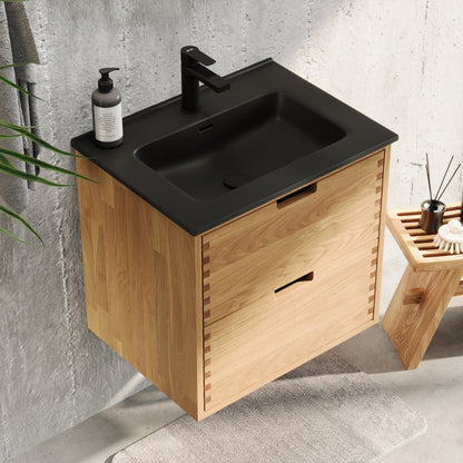 Badrumsmöbel i massiv ek – 2 lådor med fingertrycköppning – 60x46x57 cm – oljad ek – svart tvättställ Porslin – Troldeskoven