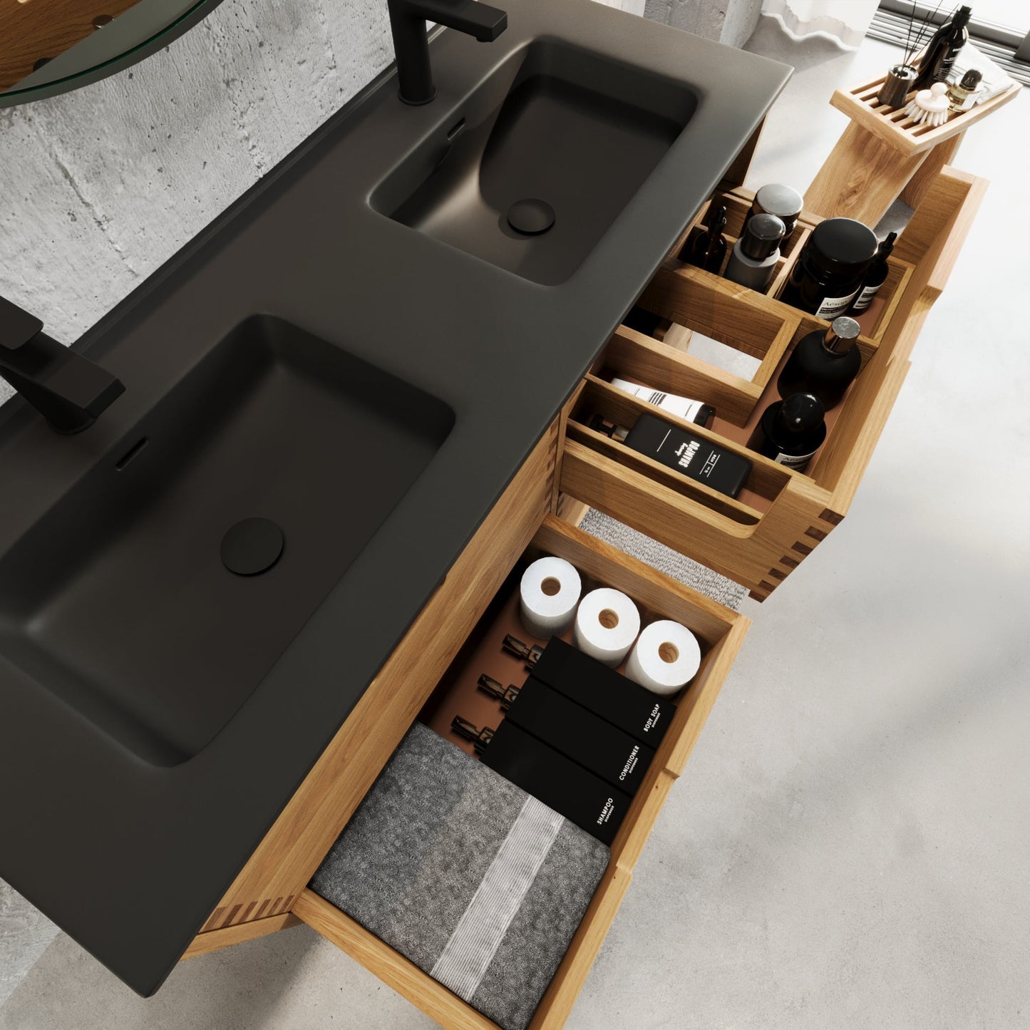 Badrumsmöbel i massiv ek – 2 lådor med fingertrycköppning – 60x46x57 cm – oljad ek – svart tvättställ Porslin – Troldeskoven