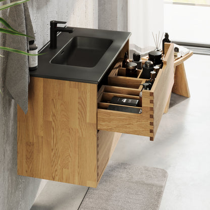 Badrumsmöbel i massiv ek – 2 lådor med fingertrycköppning – 60x46x57 cm – oljad ek – svart tvättställ Porslin – Troldeskoven