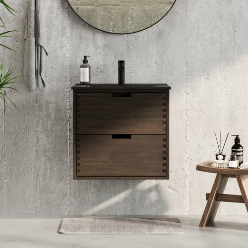 Badrumsmöbel i massiv ek - 2 lådor med fingertryck - 60x46x57 cm - svart ek - svart Porslin handfat - Troldeskoven