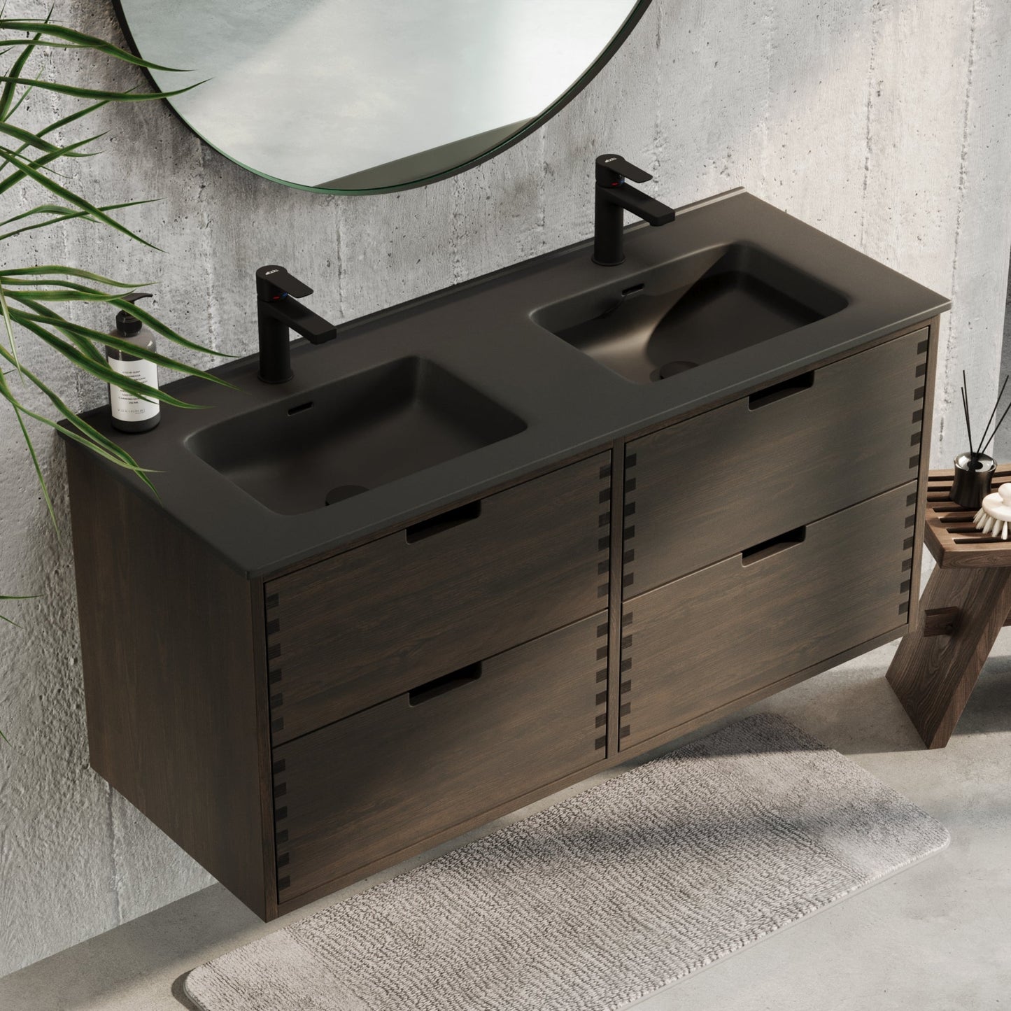 Badrumsmöbel i massiv ek - 2 lådor med fingertryck - 60x46x57 cm - svart ek - svart Porslin handfat - Troldeskoven