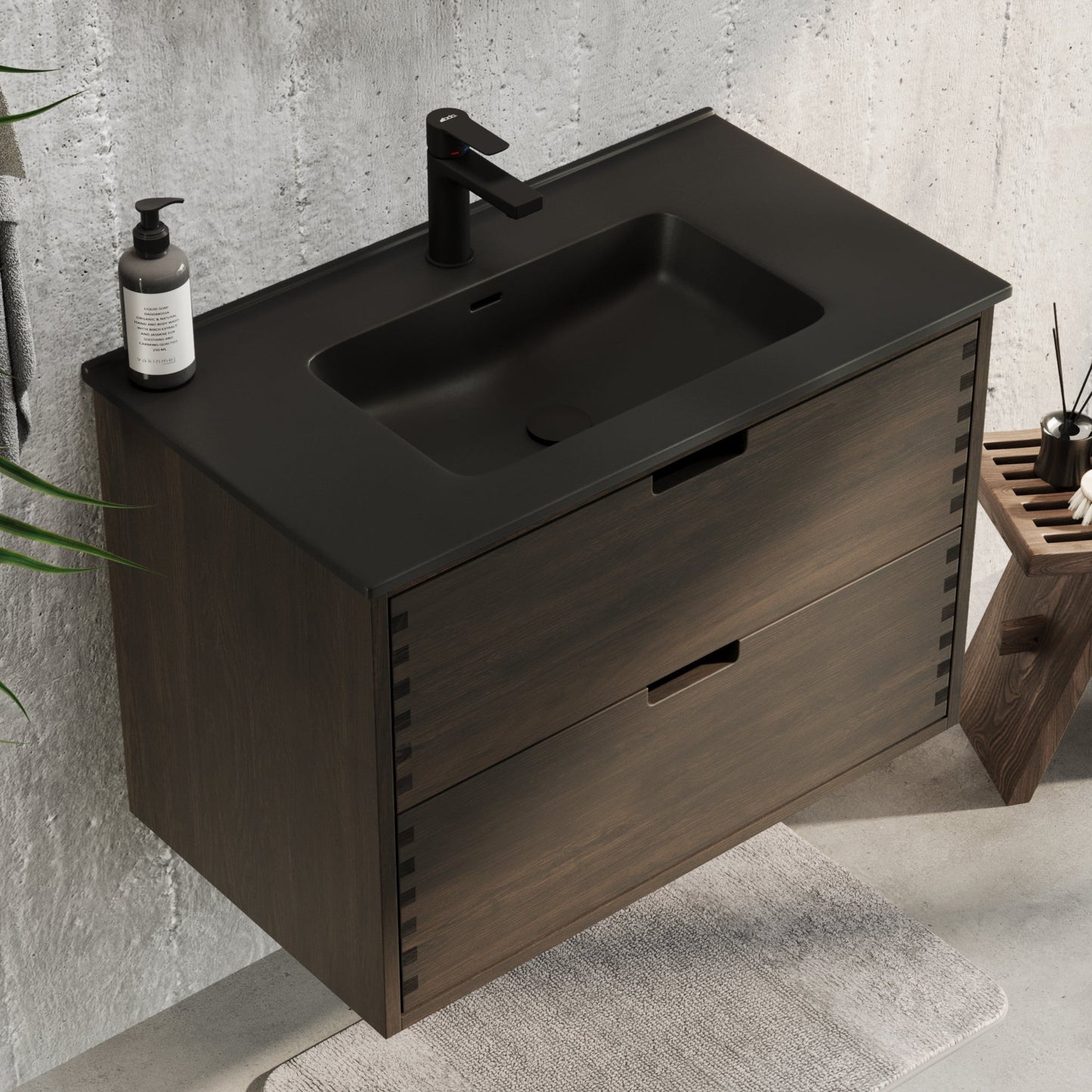 Badrumsmöbel i massiv ek - 2 lådor med fingerknackning - 120x46x57 cm - svart ek - svart Porslin dubbelt tvättställ - Troldeskoven