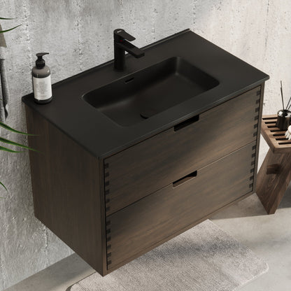 Badrumsmöbel i massiv ek - 2 lådor med fingerknackning - 120x46x57 cm - svart ek - svart Porslin dubbelt tvättställ - Troldeskoven