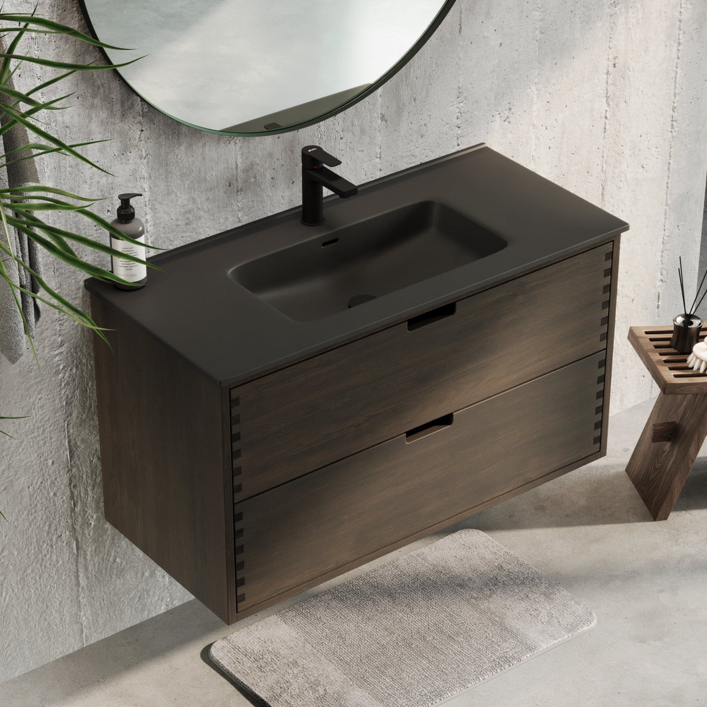 Badrumsmöbel i massiv ek - 2 lådor med fingerknackning - 120x46x57 cm - svart ek - svart Porslin dubbelt tvättställ - Troldeskoven