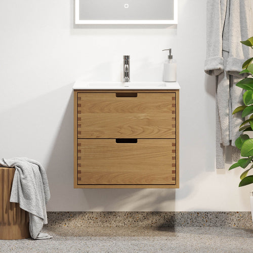 Badrumsmöbel i massiv ek - 2 lådor med fingerskarv - 60x46x57 cm - oljad ek - tvättställ i solid surface - Egeskov