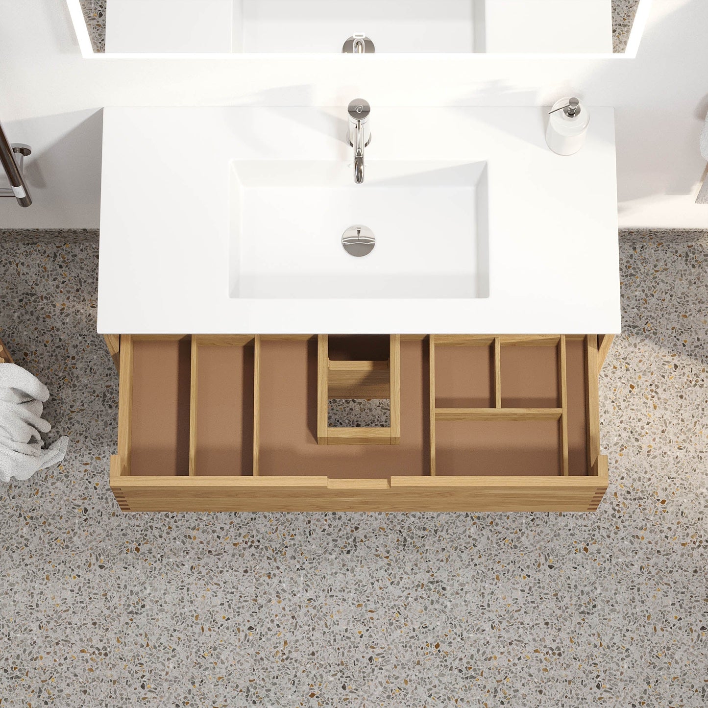 Badrumsmöbel i massiv ek - 2 lådor med fingerskarv - 60x46x57 cm - oljad ek - tvättställ i solid surface - Egeskov