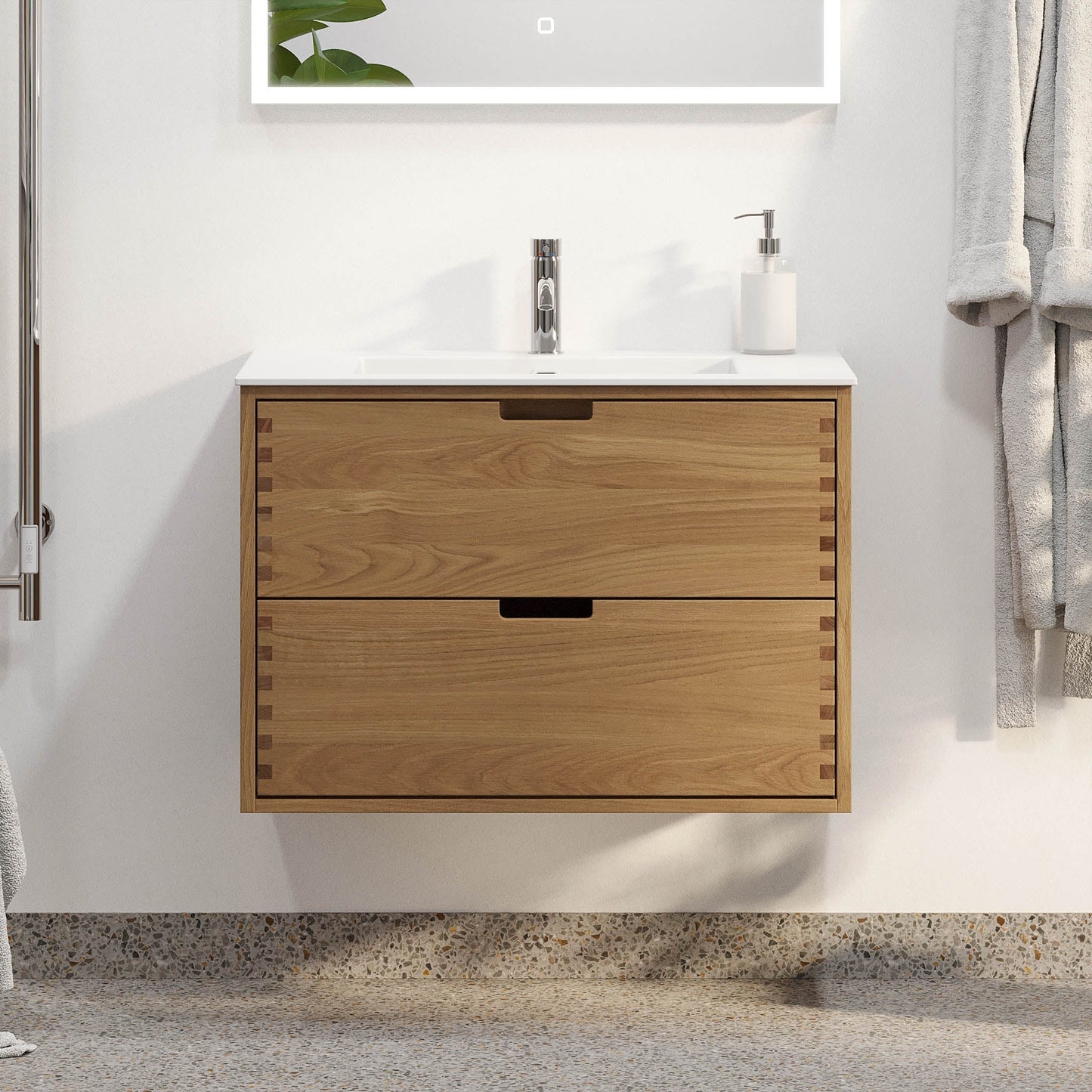 Badrumsmöbel i massiv ek - 2 lådor med fingerskarv - 60x46x57 cm - oljad ek - tvättställ i solid surface - Egeskov