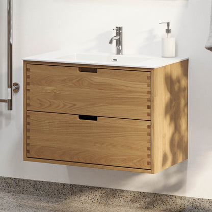 Badrumsmöbel i massiv ek - 2 lådor med fingerskarv - 80x46x57 cm - oljad ek - tvättställ i solid surface - Egeskov