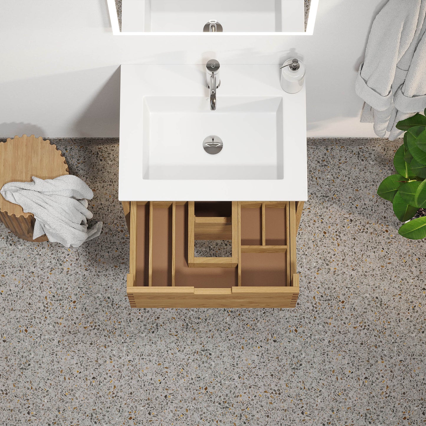 Badrumsmöbel i massiv ek - 2 lådor med fingerskarv - 80x46x57 cm - oljad ek - tvättställ i solid surface - Egeskov
