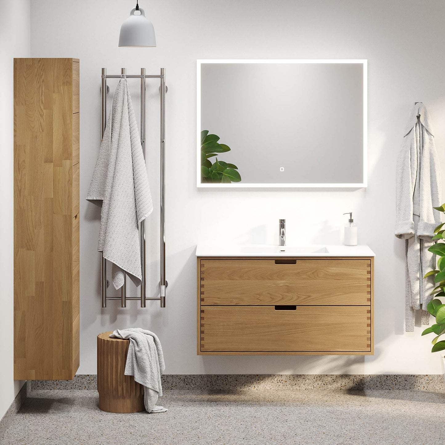 Badrumsmöbel i massiv ek - 2 lådor med fingerskarv - 80x46x57 cm - oljad ek - tvättställ i solid surface - Egeskov