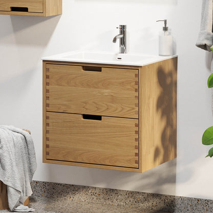 Badrumsmöbel i massiv ek - 2 lådor med fingerskarv - 100x46x57 cm - oljad ek - tvättställ i solid surface - Egeskov