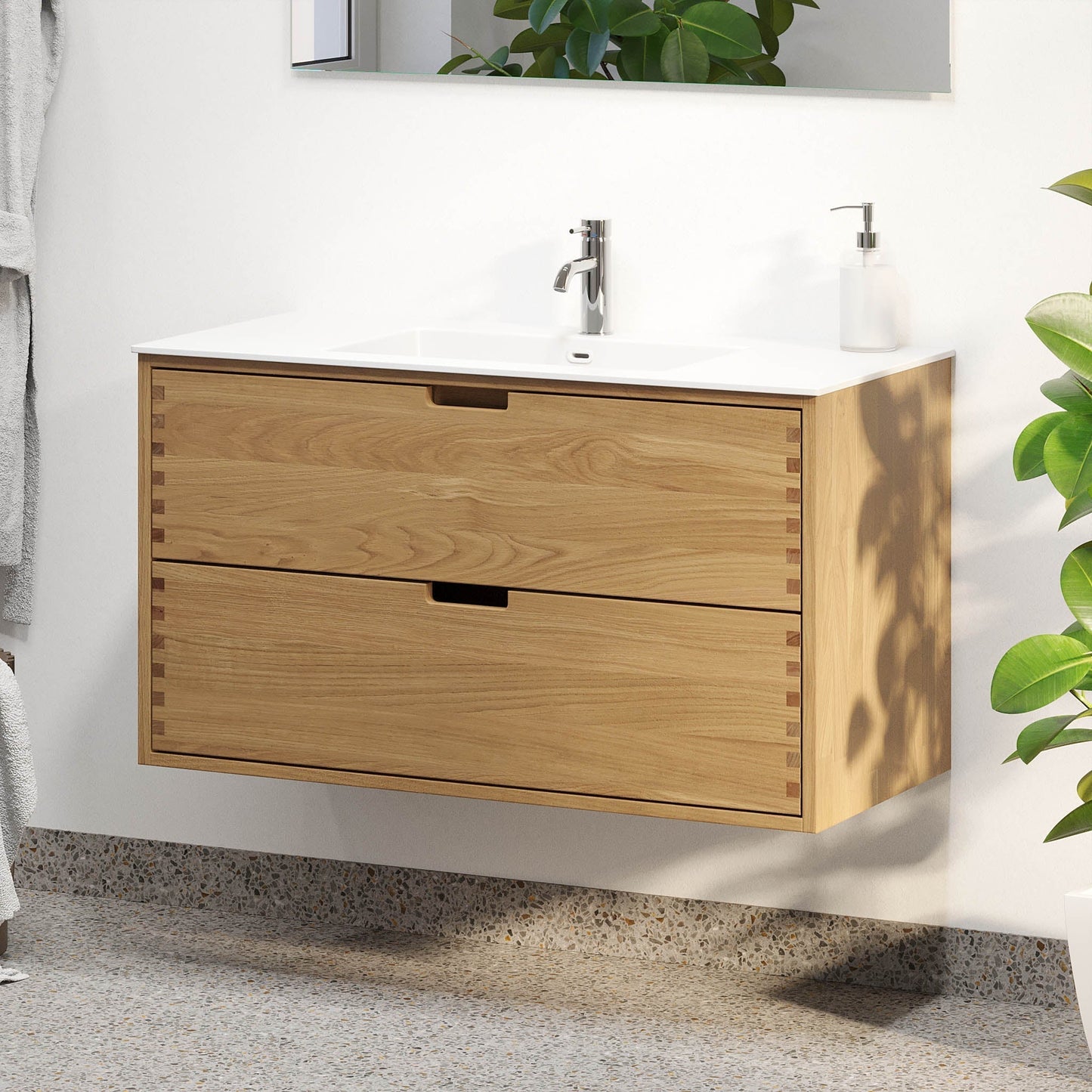 Badrumsmöbel i massiv ek - 2 lådor med fingerskarv - 100x46x57 cm - oljad ek - tvättställ i solid surface - Egeskov