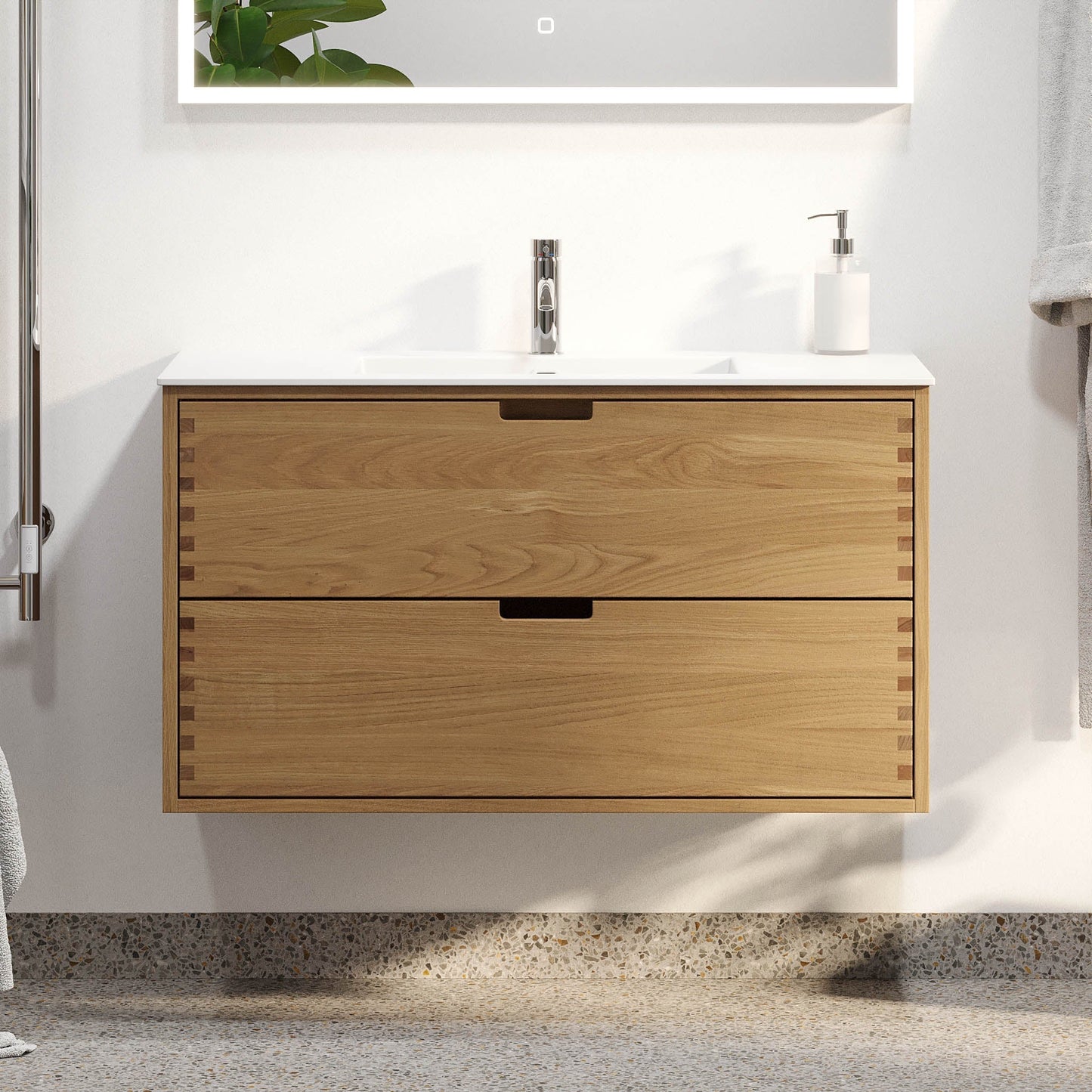 Badrumsmöbel i massiv ek - 2 lådor med fingerskarv - 120x46x57 cm - oljad ek - dubbeltvättställ i solid surface - Egeskov
