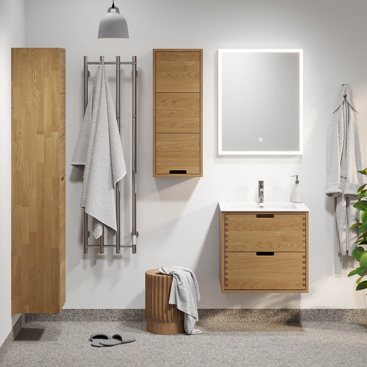 Badrumsmöbel i massiv ek - 2 lådor med fingerskarv - 120x46x57 cm - oljad ek - dubbeltvättställ i solid surface - Egeskov