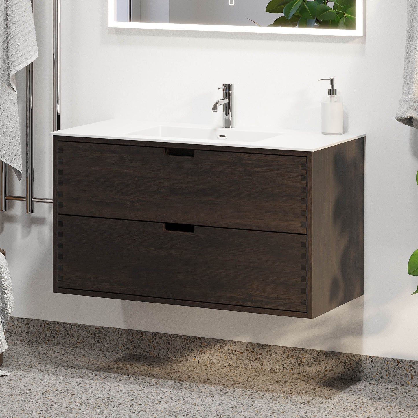 Badrumsmöbel i massiv ek - 2 lådor med fingerskarv - 60x46x57 cm - svart ek - tvättställ i solid surface - Egeskov