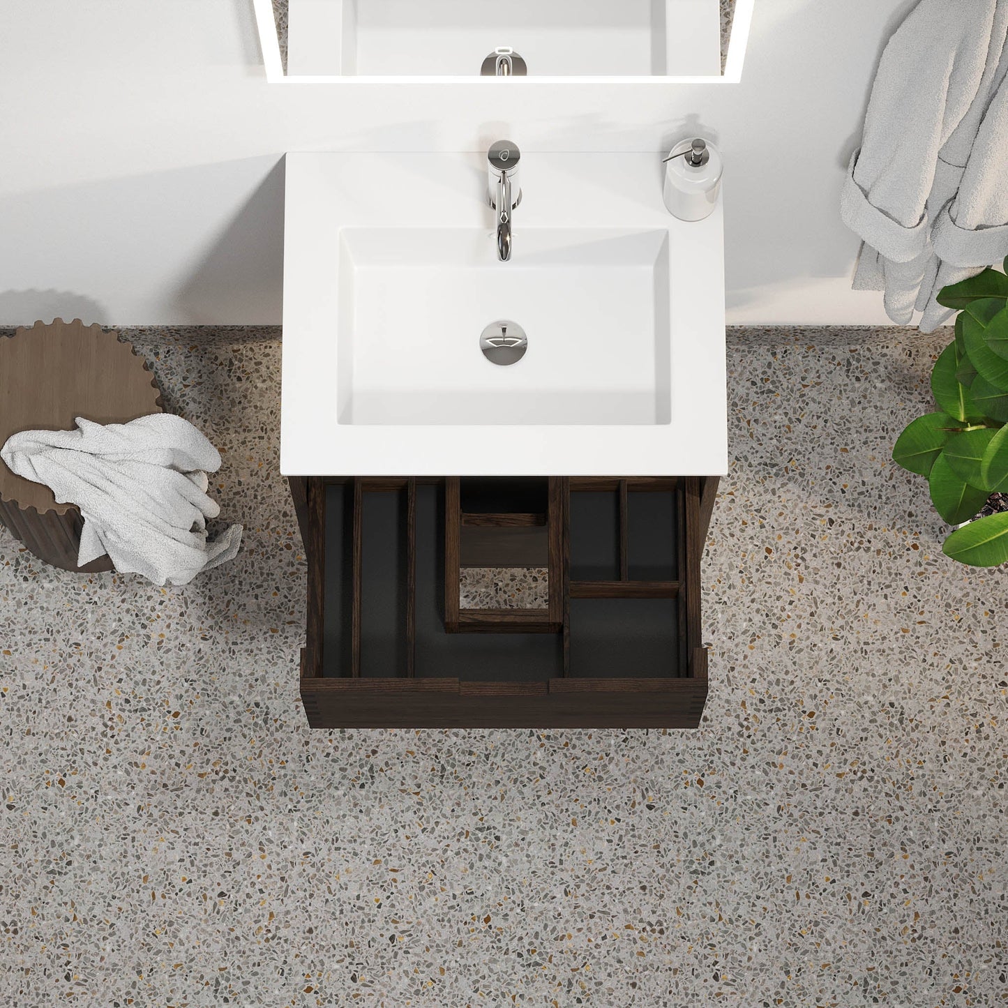 Badrumsmöbel i massiv ek - 2 lådor med fingerskarv - 60x46x57 cm - svart ek - tvättställ i solid surface - Egeskov