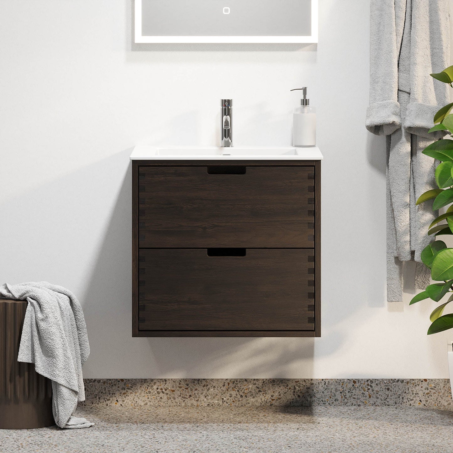 Badrumsmöbel i massiv ek - 2 lådor med fingerskarv - 60x46x57 cm - svart ek - tvättställ i solid surface - Egeskov