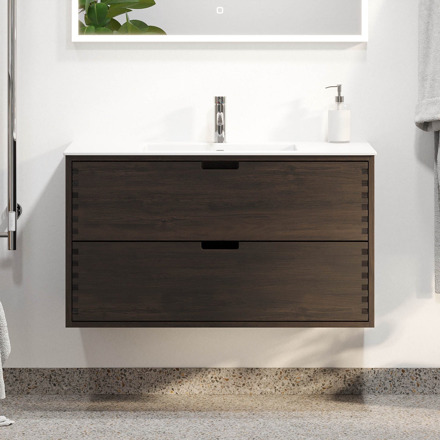Badrumsmöbel i massiv ek - 2 lådor med fingerskarv - 60x46x57 cm - svart ek - tvättställ i solid surface - Egeskov