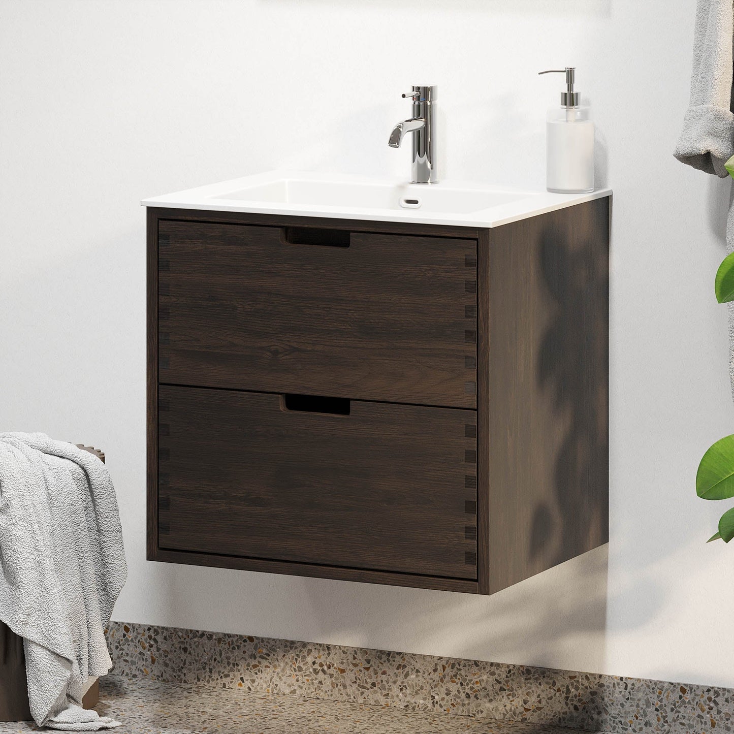 Badrumsmöbel i massiv ek - 2 lådor med fingerskarv - 80x46x57 cm - svart ek - tvättställ i solid surface - Egeskov