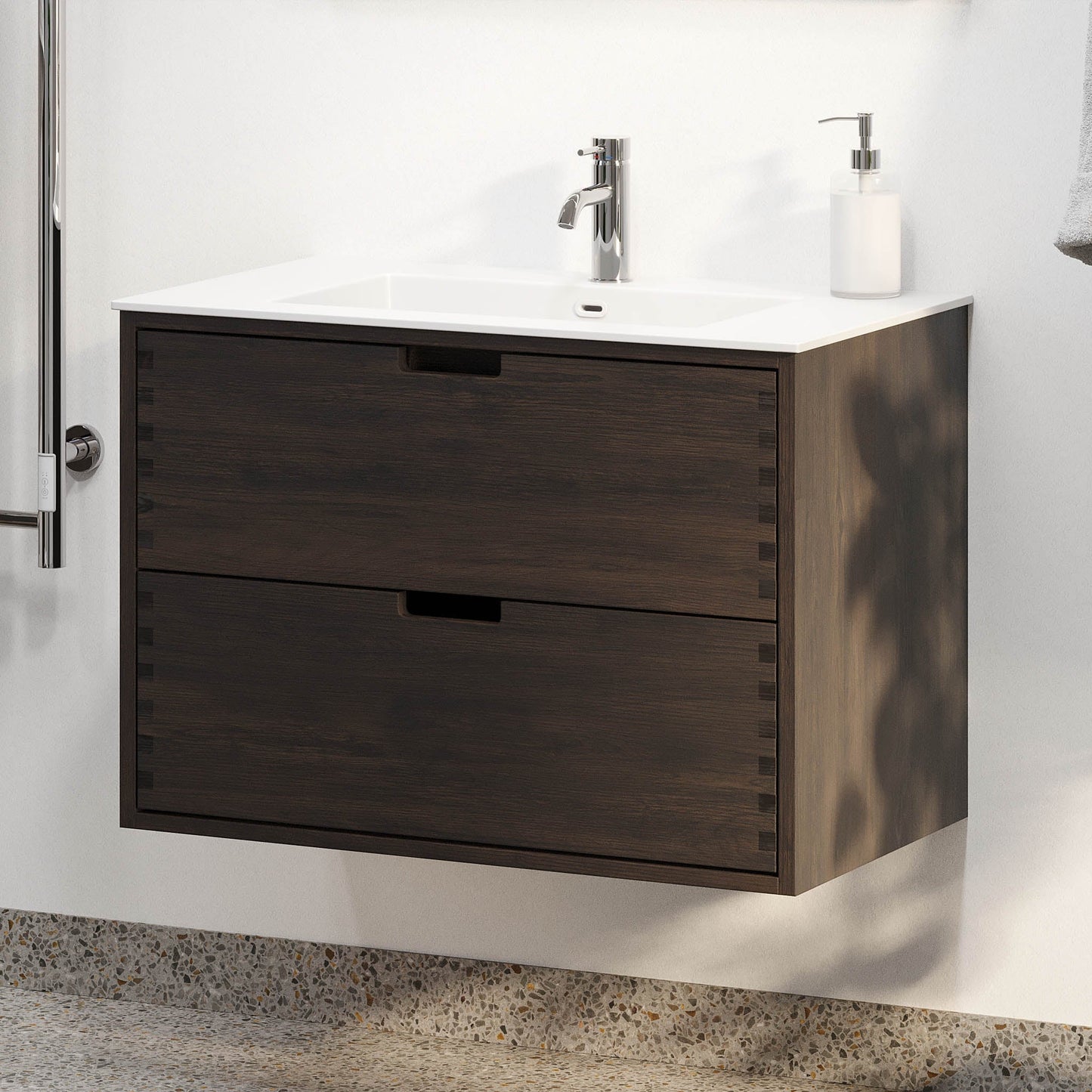 Badrumsmöbel i massiv ek - 2 lådor med fingerskarv - 80x46x57 cm - svart ek - tvättställ i solid surface - Egeskov