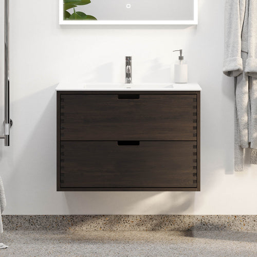 Badrumsmöbel i massiv ek - 2 lådor med fingerskarv - 80x46x57 cm - svart ek - tvättställ i solid surface - Egeskov