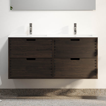 Badrumsmöbel i massiv ek - 2 lådor med fingerskarv - 80x46x57 cm - svart ek - tvättställ i solid surface - Egeskov