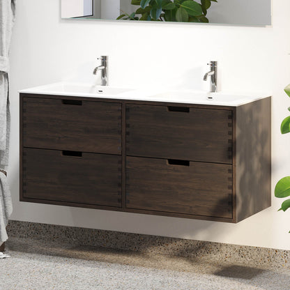 Badrumsmöbel i massiv ek - 2 lådor med fingerskarv - 80x46x57 cm - svart ek - tvättställ i solid surface - Egeskov