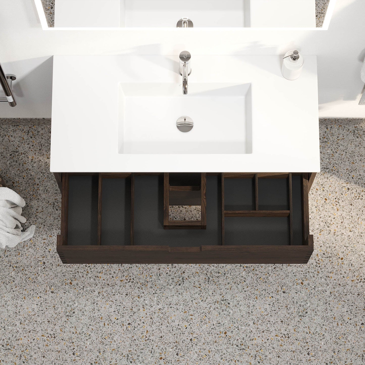 Badrumsmöbel i massiv ek - 2 lådor med fingerskarv - 100x46x57 cm - svart ek - tvättställ i solid surface - Egeskov
