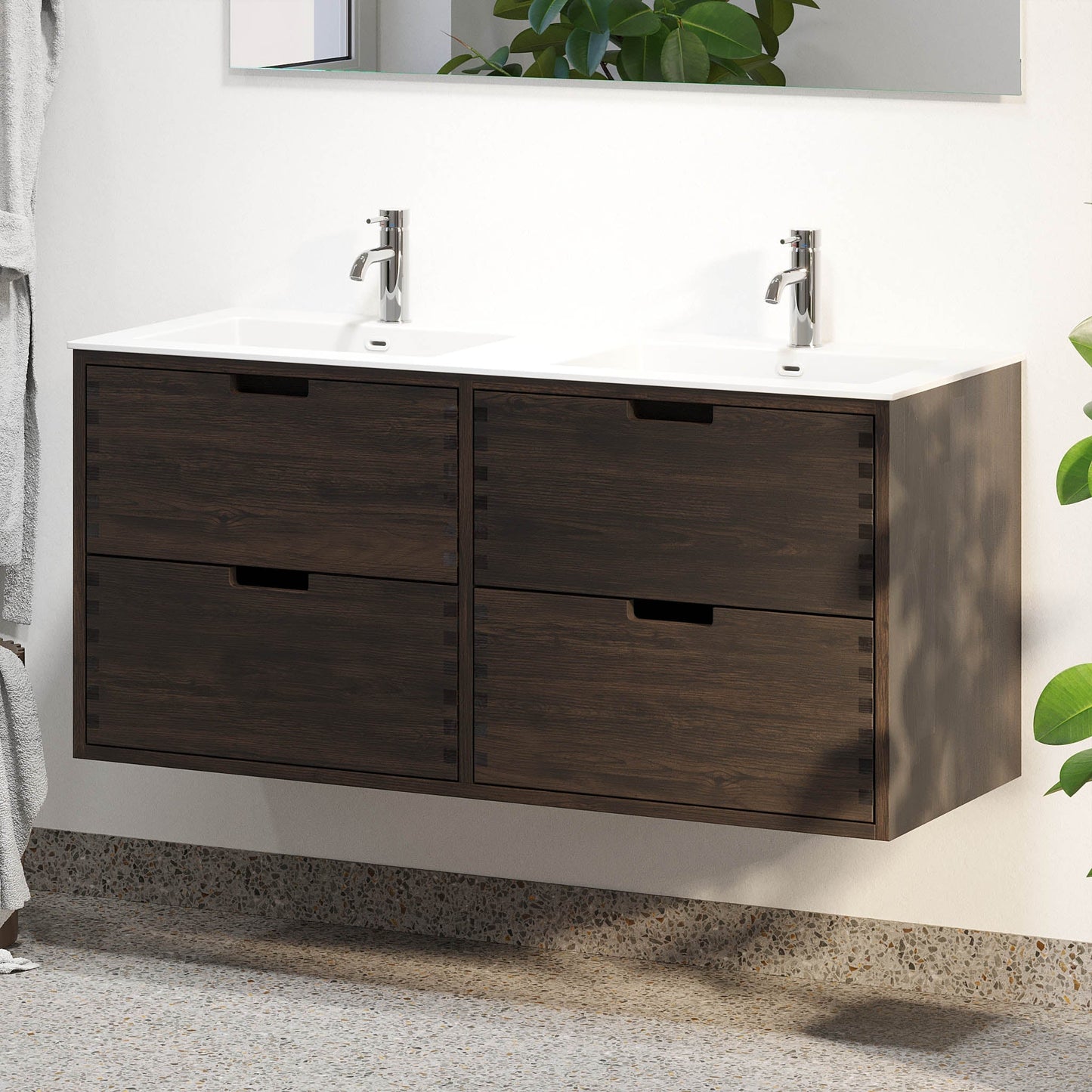 Badrumsmöbel i massiv ek - 2 lådor med fingerskarv - 100x46x57 cm - svart ek - tvättställ i solid surface - Egeskov
