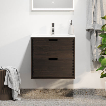 Badrumsmöbel i massiv ek - 2 lådor med fingerskarv - 100x46x57 cm - svart ek - tvättställ i solid surface - Egeskov