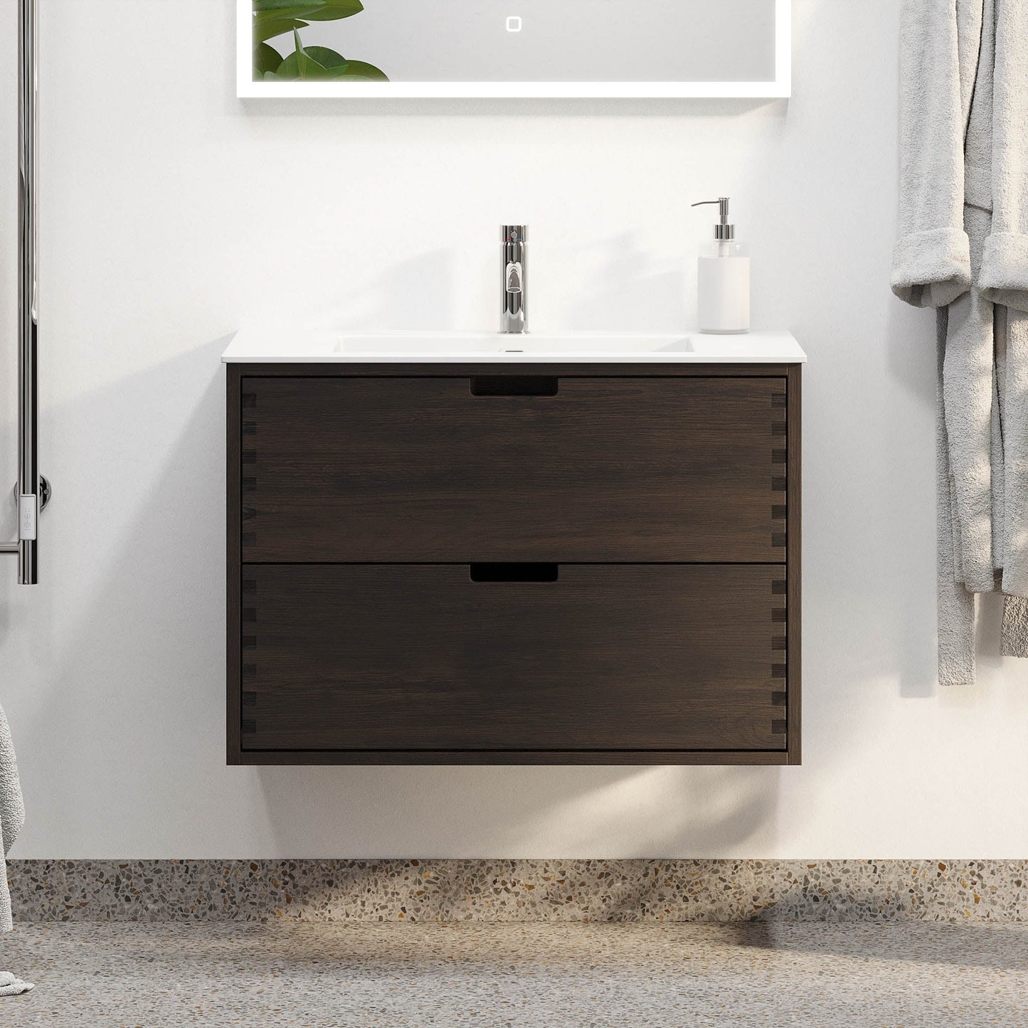 Badrumsmöbel i massiv ek - 2 lådor med fingerskarv - 100x46x57 cm - svart ek - tvättställ i solid surface - Egeskov