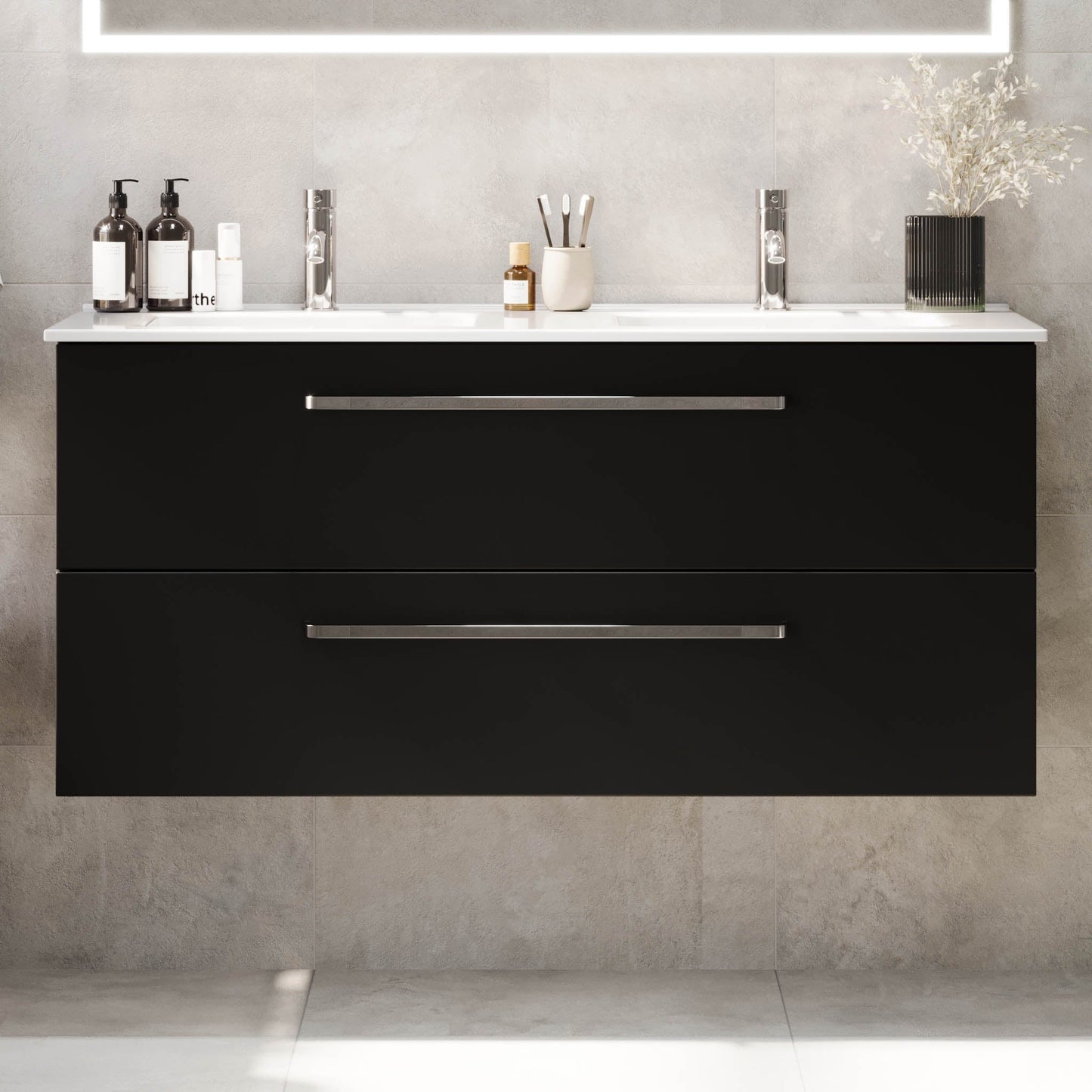 Badrumsmöbel med klassiska fronter - 100x46x57 cm - mattsvart - vitt porslinstvättställ - kromade handtag - Voss
