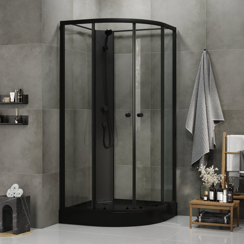 Duschkabin halvrund 90x90x195 cm - svarta profiler - klarglas - inkl. blandare och dusch - Austin