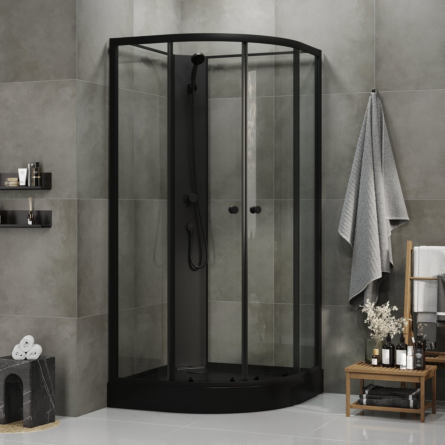 Duschkabin halvrund 90x90x195 cm - svarta profiler - klarglas - inkl. blandare och dusch - Austin