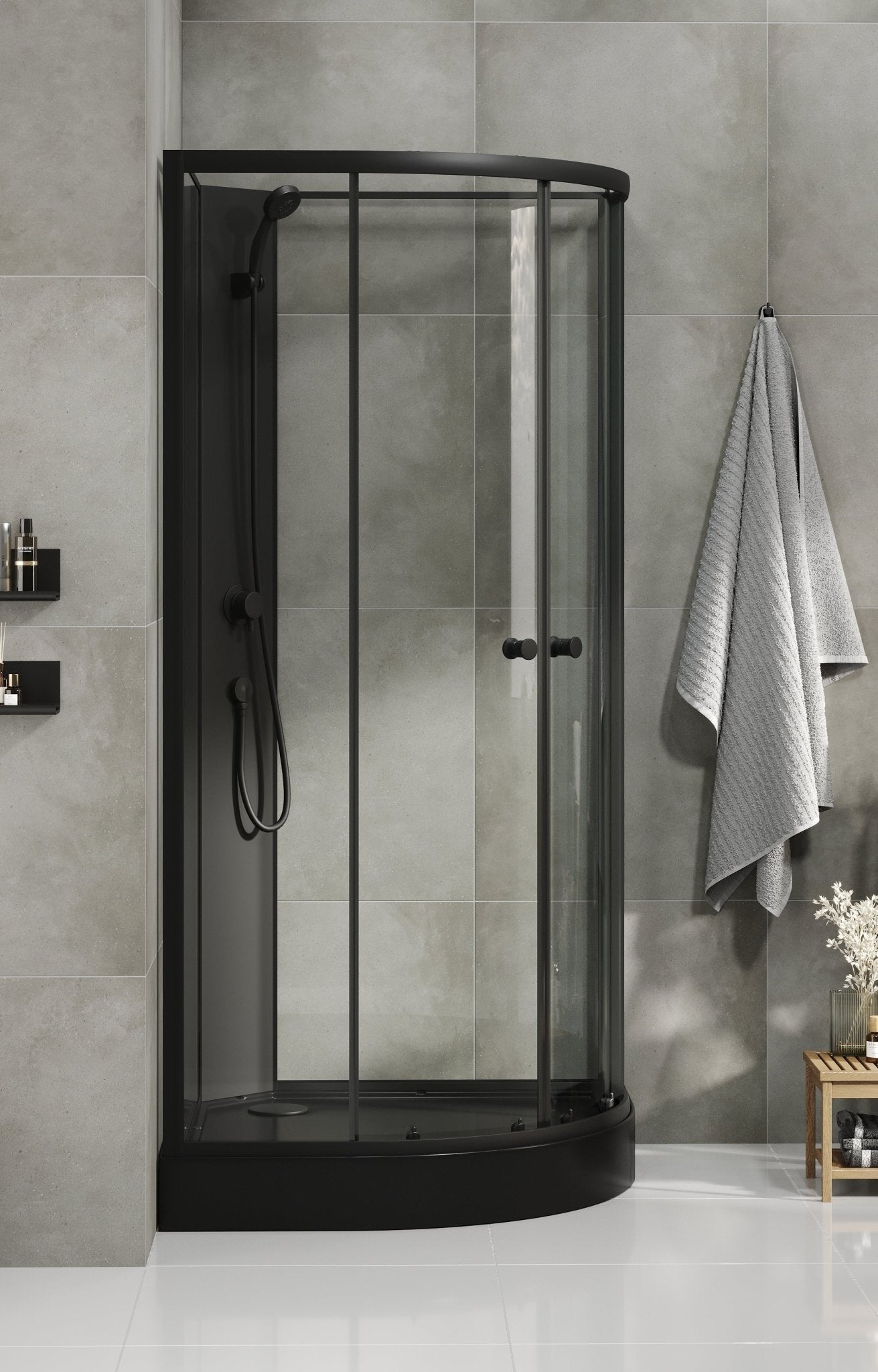 Duschkabin halvrund 90x90x195 cm - svarta profiler - klarglas - inkl. blandare och dusch - Austin