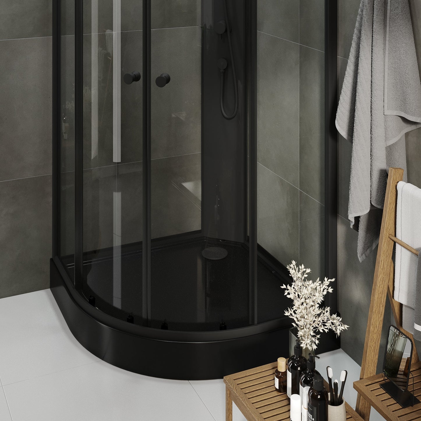 Duschkabin halvrund 90x90x195 cm - svarta profiler - klarglas - inkl. blandare och dusch - Austin