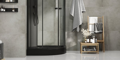 Duschkabin halvrund 90x90x195 cm - svarta profiler - klarglas - inkl. blandare och dusch - Austin