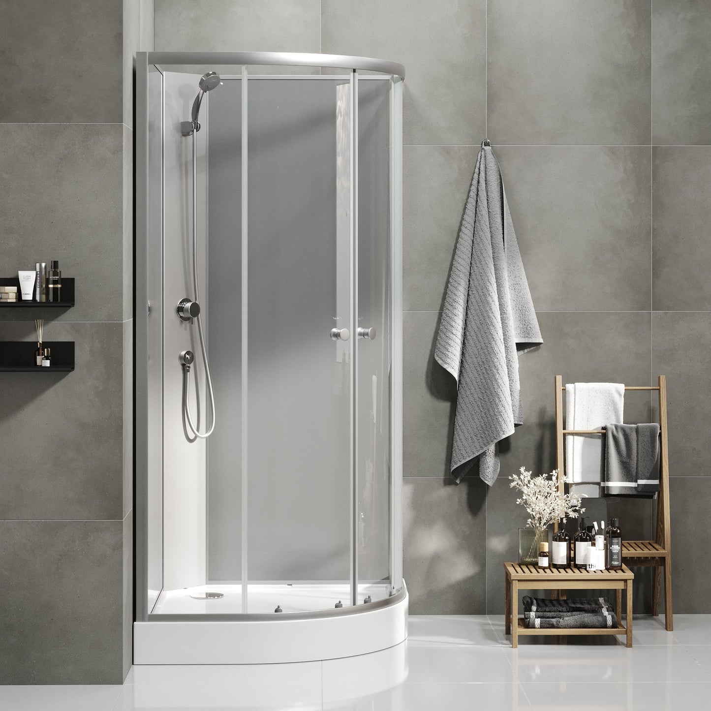 Duschkabin halvrund 90x90x195 cm - satinprofiler - klarglas - inkl. blandare och dusch - Austin