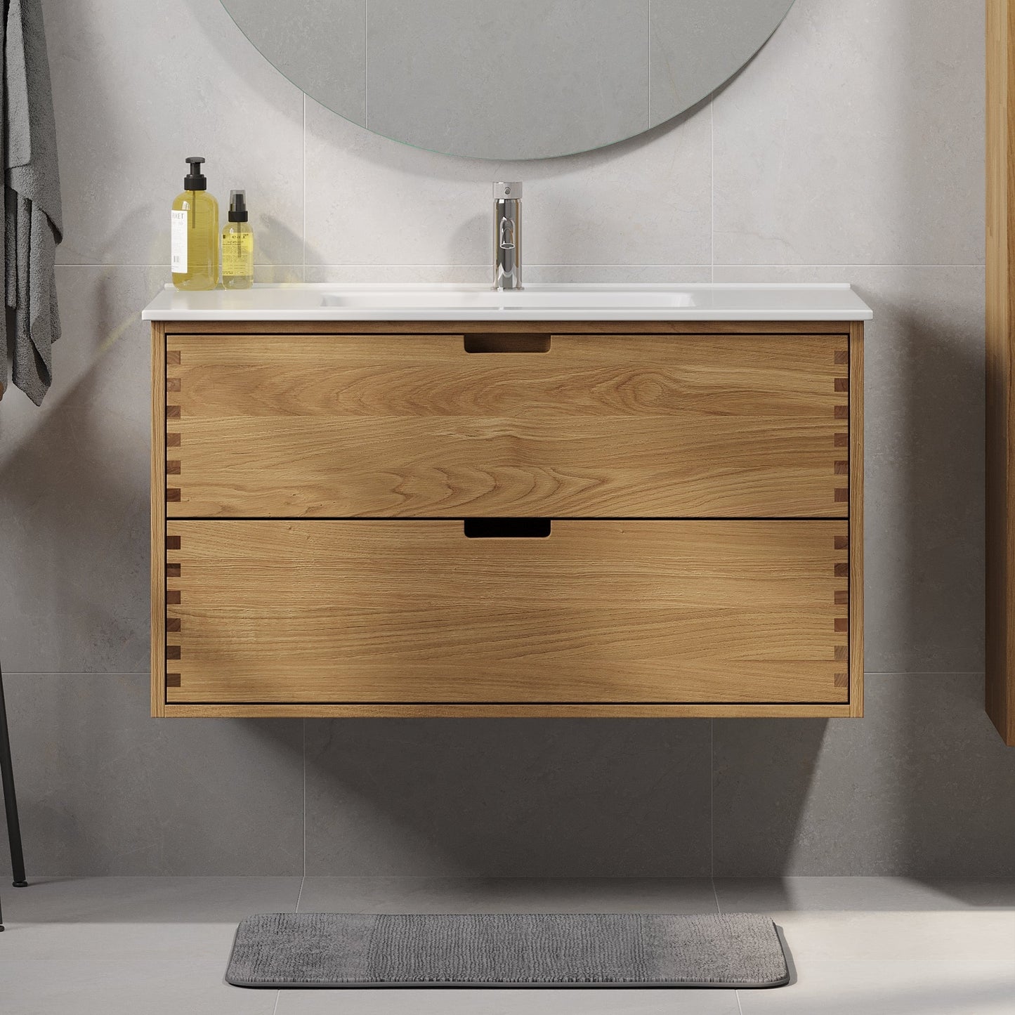 Badrumsmöbel i massiv ek – 2 lådor med fingergrepp – 60x46x57 cm – oljad ek – vit Porslin tvättställ – Gribskov