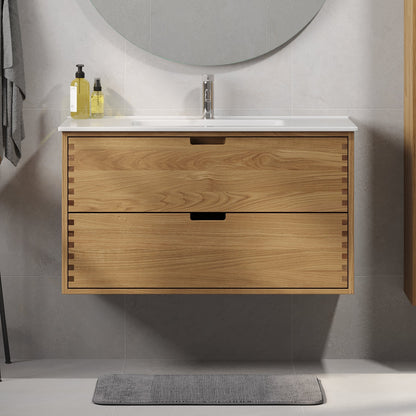 Badrumsmöbel i massiv ek – 2 lådor med fingergrepp – 60x46x57 cm – oljad ek – vit Porslin tvättställ – Gribskov