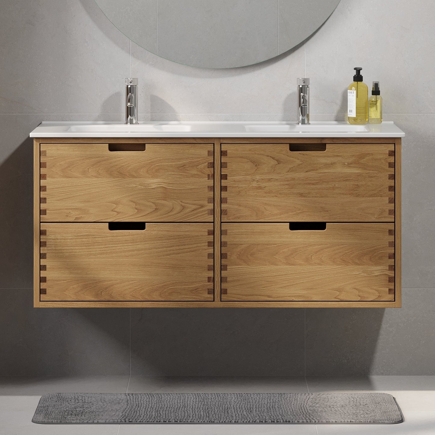 Badrumsmöbel i massiv ek – 2 lådor med fingergrepp – 60x46x57 cm – oljad ek – vit Porslin tvättställ – Gribskov
