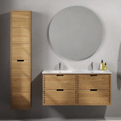 Badrumsmöbel i massiv ek – 2 lådor med fingergrepp – 60x46x57 cm – oljad ek – vit Porslin tvättställ – Gribskov
